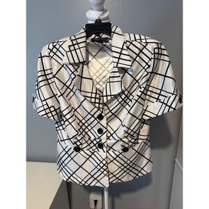 Perceptions Petite Womens 12P Black White Plaid Short Sleeve Button Up Top